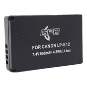GPB Generic replacement Canon LP-E12 lithium-ion battery with 7.4V output, 650mAh capacity, lightweight design, USB-C rechargeable, compatible with Canon EOS M50, M100, and PowerShot SX70 HS cameras.
