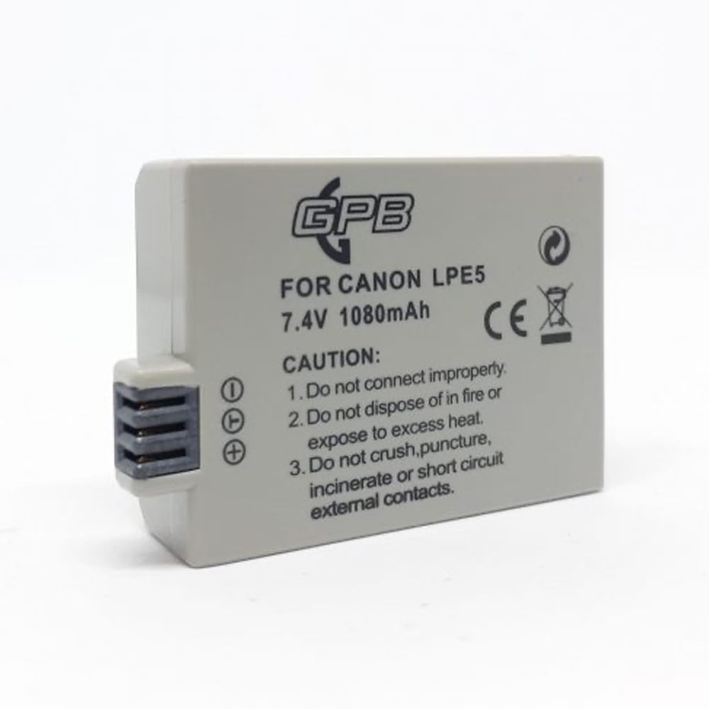 GPB Generic Canon LP-E5 rechargeable lithium-ion battery with 7.4V voltage and 1080mAh capacity, compatible with Canon EOS 450D, 500D, 1000D models, designed for extended shooting sessions.