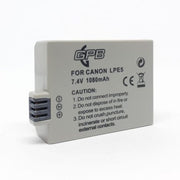 GPB Generic Canon LP-E5 rechargeable lithium-ion battery with 7.4V voltage and 1080mAh capacity, compatible with Canon EOS 450D, 500D, 1000D models, designed for extended shooting sessions.