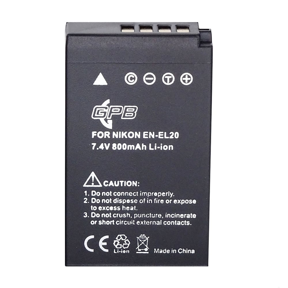 GPB Generic replacement Nikon EN-EL20 rechargeable lithium-ion battery with 7.2V voltage and 800mAh capacity, compact and lightweight design, compatible with Nikon Coolpix A and other Nikon cameras.