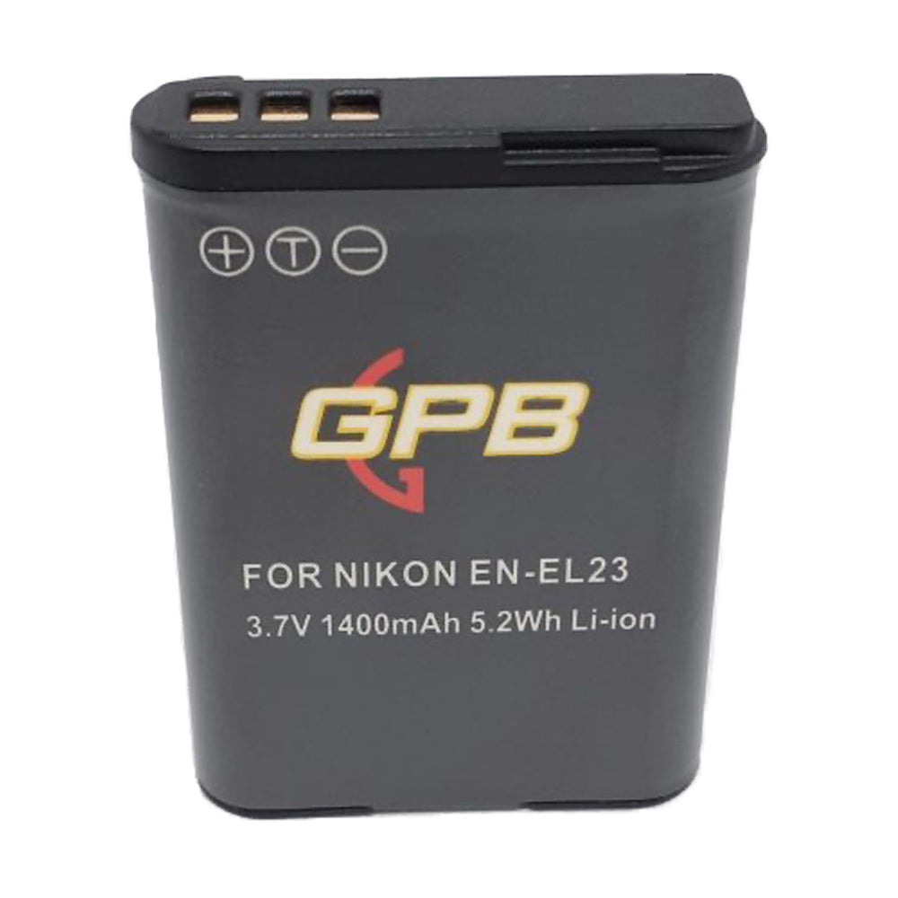 GPB Generic Nikon EN-EL23 rechargeable lithium-ion battery with 3.8V voltage and 1850mAh capacity, designed for Nikon Coolpix P600, P900, B700, and similar models for extended shooting capability.