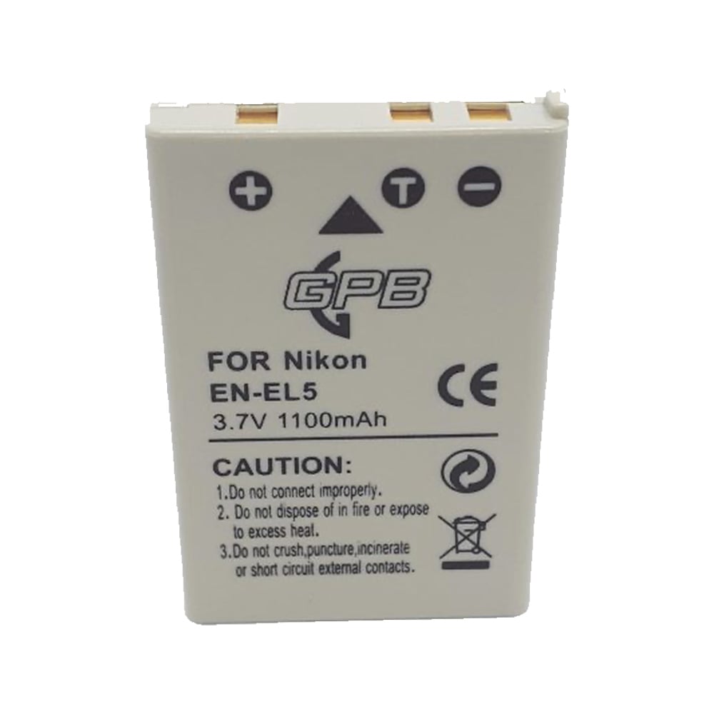 GPB Generic Nikon EN-EL5 rechargeable lithium-ion battery with 3.7V voltage and 1100mAh capacity, lightweight design, compatible with Nikon Coolpix 3700, 4200, 5200, 5900, and 7900 cameras.