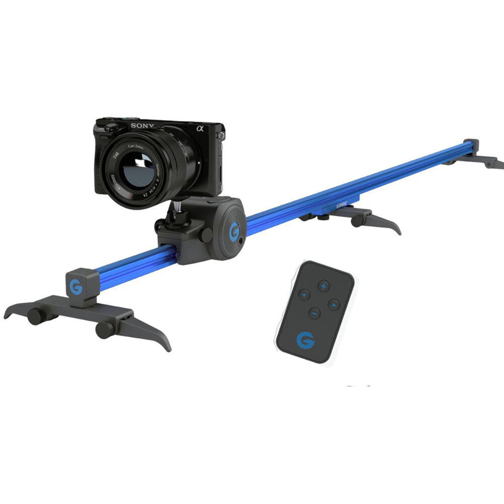 Camera with a blue rail system and remote control on a white background