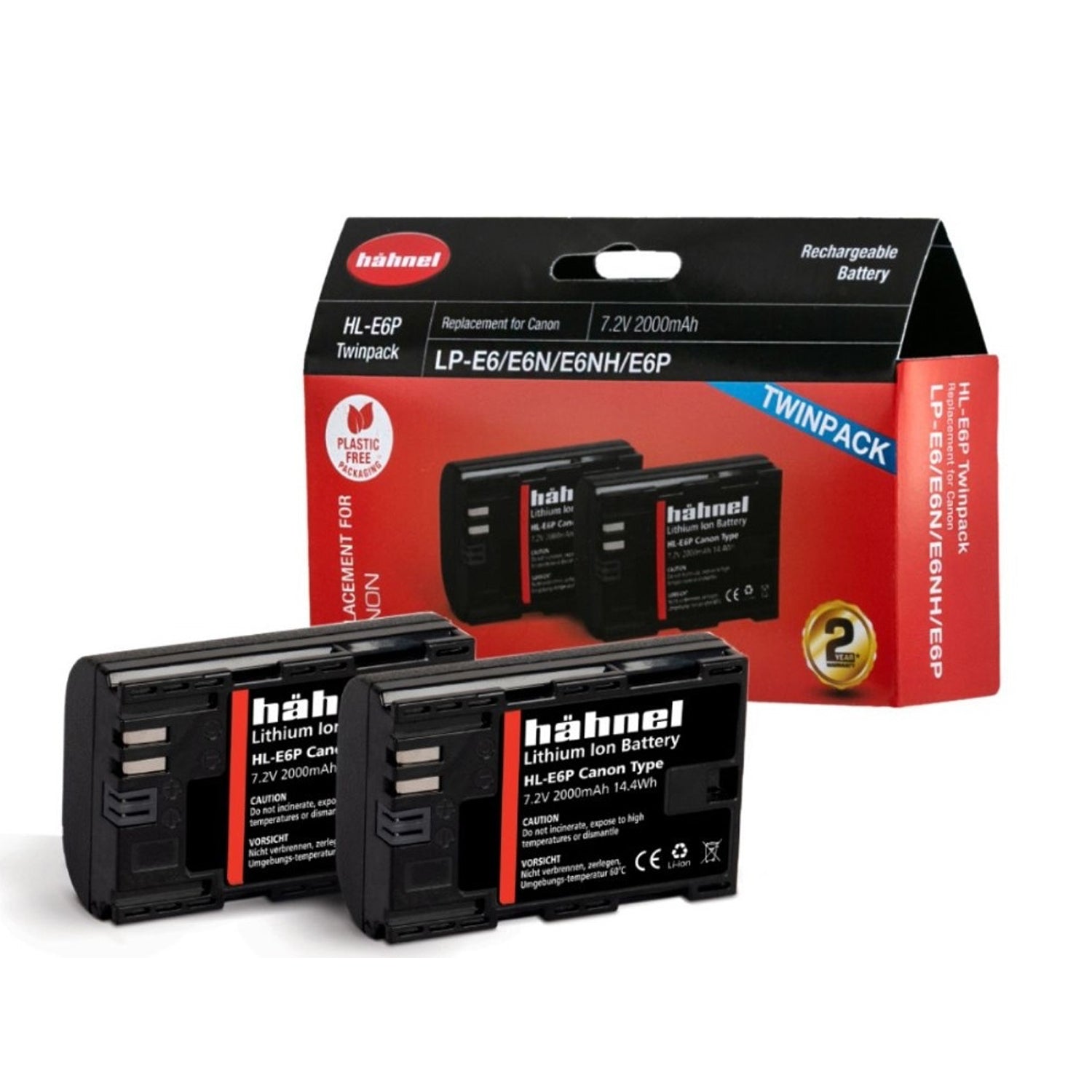 Hahnel HL-E6P twinpack rechargeable battery packaging on a white background