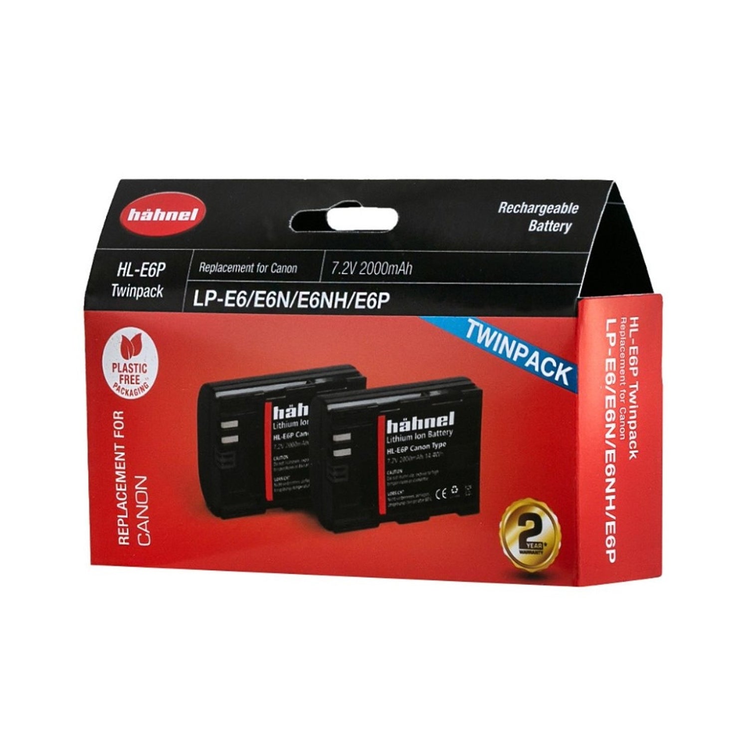 Hahnel HL-E6P twinpack rechargeable battery packaging on a white background