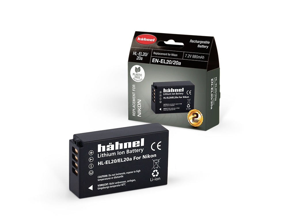 Hahnel HL-EL20/20A rechargeable lithium-ion battery with 7.2V voltage and 880mAh capacity, eco-friendly plastic-free packaging, compatible replacement for Nikon EN-EL20/20A batteries.