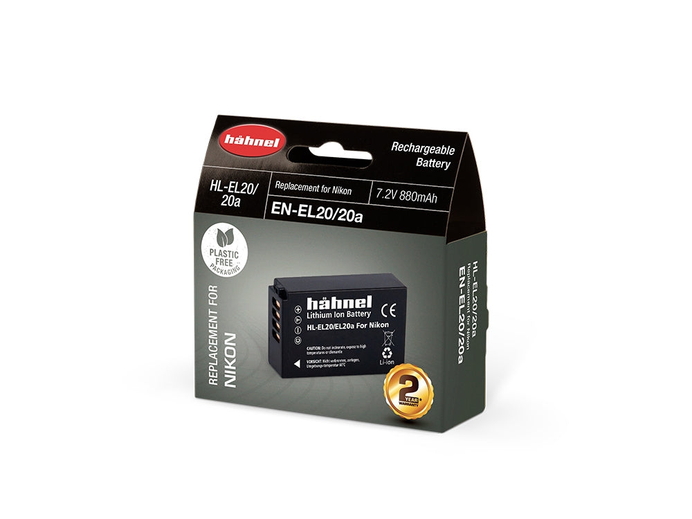 Hahnel HL-EL20/20A rechargeable lithium-ion battery with 7.2V voltage and 880mAh capacity, eco-friendly plastic-free packaging, compatible replacement for Nikon EN-EL20/20A batteries.