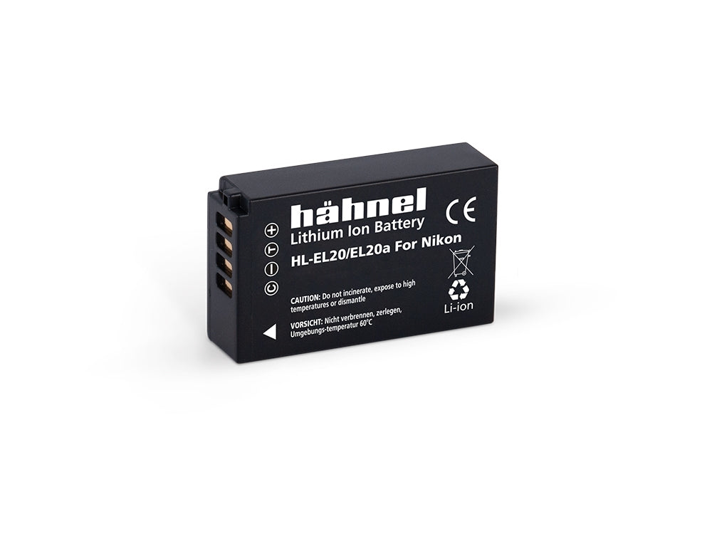 Hahnel HL-EL20/20A rechargeable lithium-ion battery with 7.2V voltage and 880mAh capacity, eco-friendly plastic-free packaging, compatible replacement for Nikon EN-EL20/20A batteries.