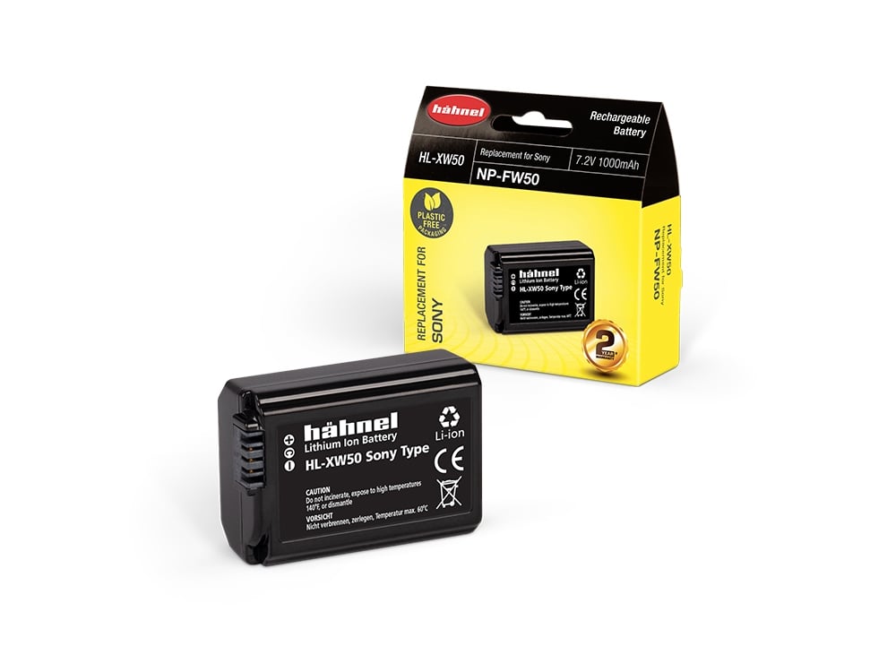 Hahnel NP-FW50 rechargeable lithium-ion battery with 7.2V voltage and 1000mAh capacity, high-performance cells with built-in protection circuit, designed as a reliable replacement for Sony NP-FW50 battery.