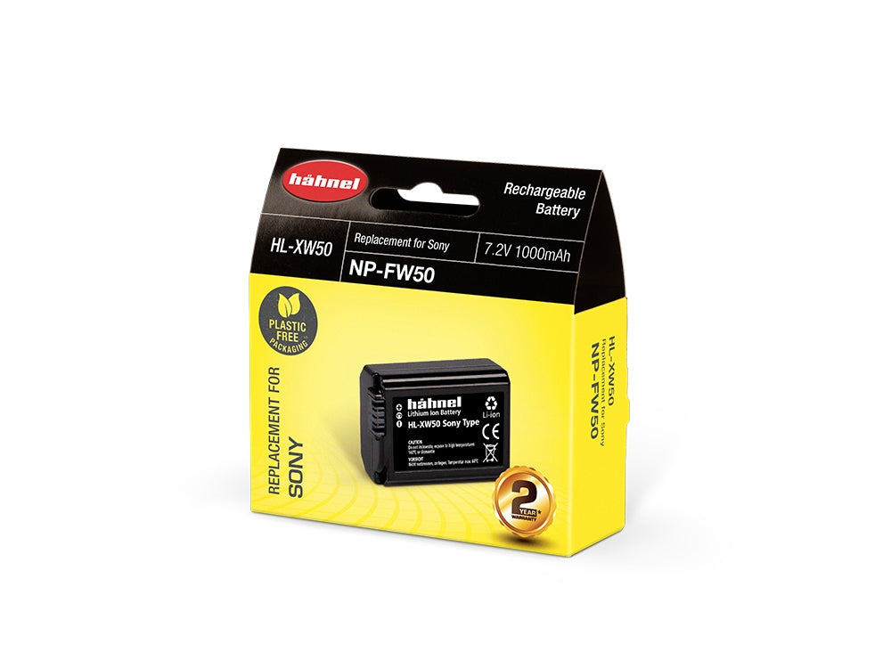 Hahnel NP-FW50 rechargeable lithium-ion battery with 7.2V voltage and 1000mAh capacity, high-performance cells with built-in protection circuit, designed as a reliable replacement for Sony NP-FW50 battery.