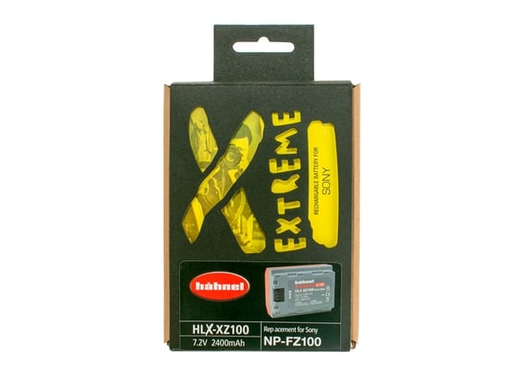 Hahnel HLX-XZ100 Extreme rechargeable lithium-ion battery with 7.2V voltage and 2400mAh capacity, designed for Sony NP-FZ100 compatible cameras, featuring ultra-high capacity, shock-absorbing construction, and durability for extreme conditions.