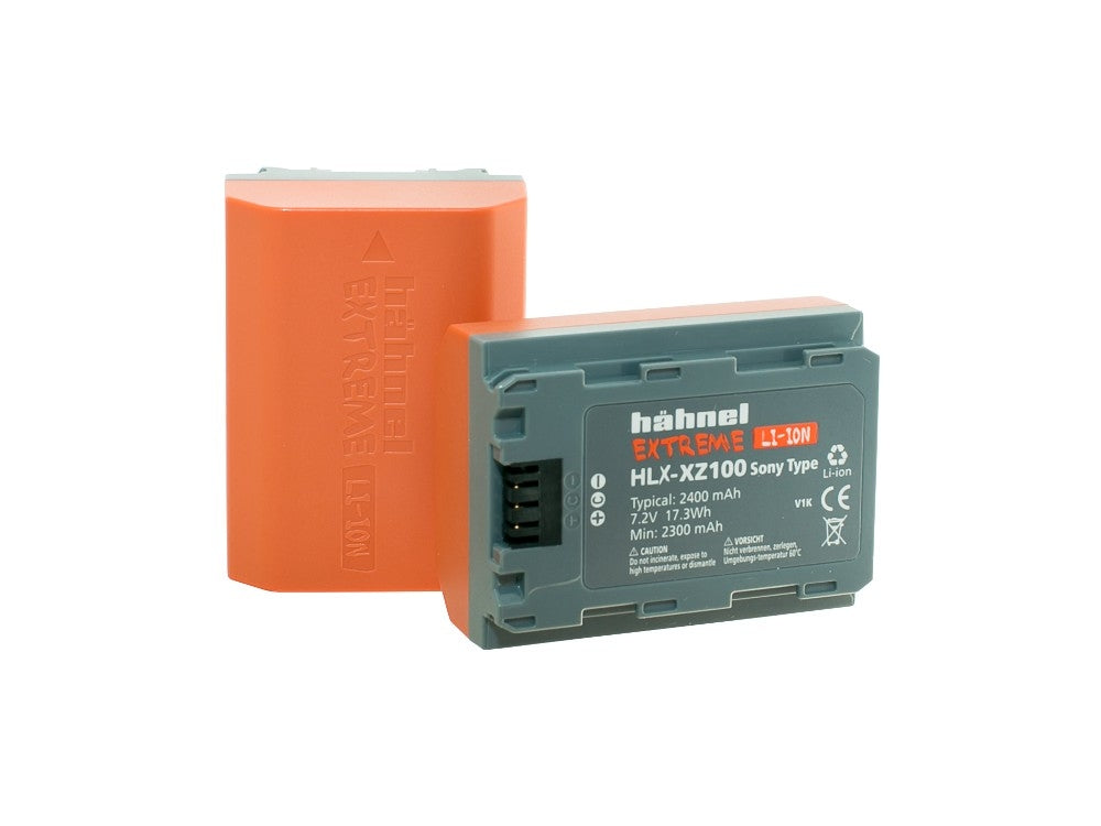 Hahnel HLX-XZ100 Extreme rechargeable lithium-ion battery with 7.2V voltage and 2400mAh capacity, designed for Sony NP-FZ100 compatible cameras, featuring ultra-high capacity, shock-absorbing construction, and durability for extreme conditions.