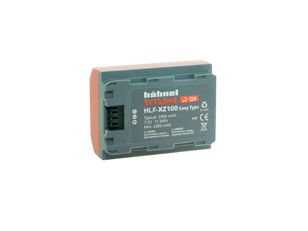 Hahnel HLX-XZ100 Extreme rechargeable lithium-ion battery with 7.2V voltage and 2400mAh capacity, designed for Sony NP-FZ100 compatible cameras, featuring ultra-high capacity, shock-absorbing construction, and durability for extreme conditions.