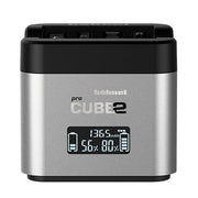 Silver and black battery charger with digital display on a white background