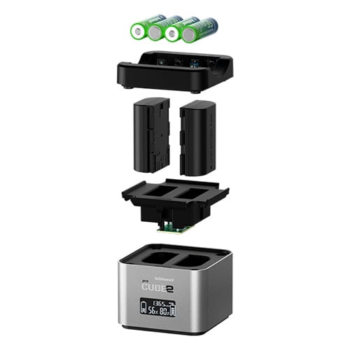 Battery charger with batteries on a white background