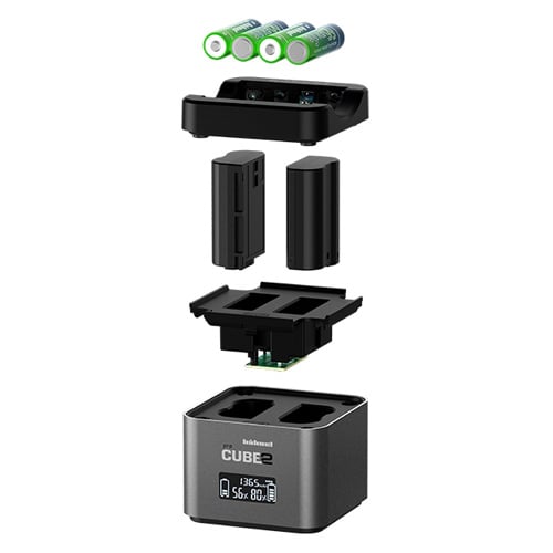 Black battery charger with multiple compartments and display on a white background