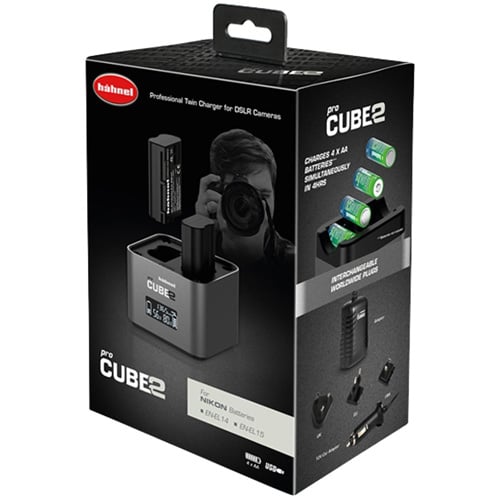 Hahnel pro CUBE2 twin charger packaging for DSLR cameras on a white background