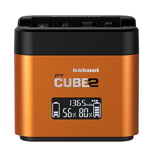 Hähnel pro CUBE2 battery charger with digital display on a white background