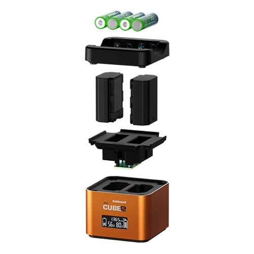 Orange electronic device with black components on a white background