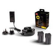 Hahnel Sony L Series Trio Charger Kit with 3-bay charger supporting simultaneous charging of up to three L-Series batteries, includes two 5200mAh HL-XL781 batteries, multicoloured LED charge indicators, and interchangeable UK/EU AC plugs