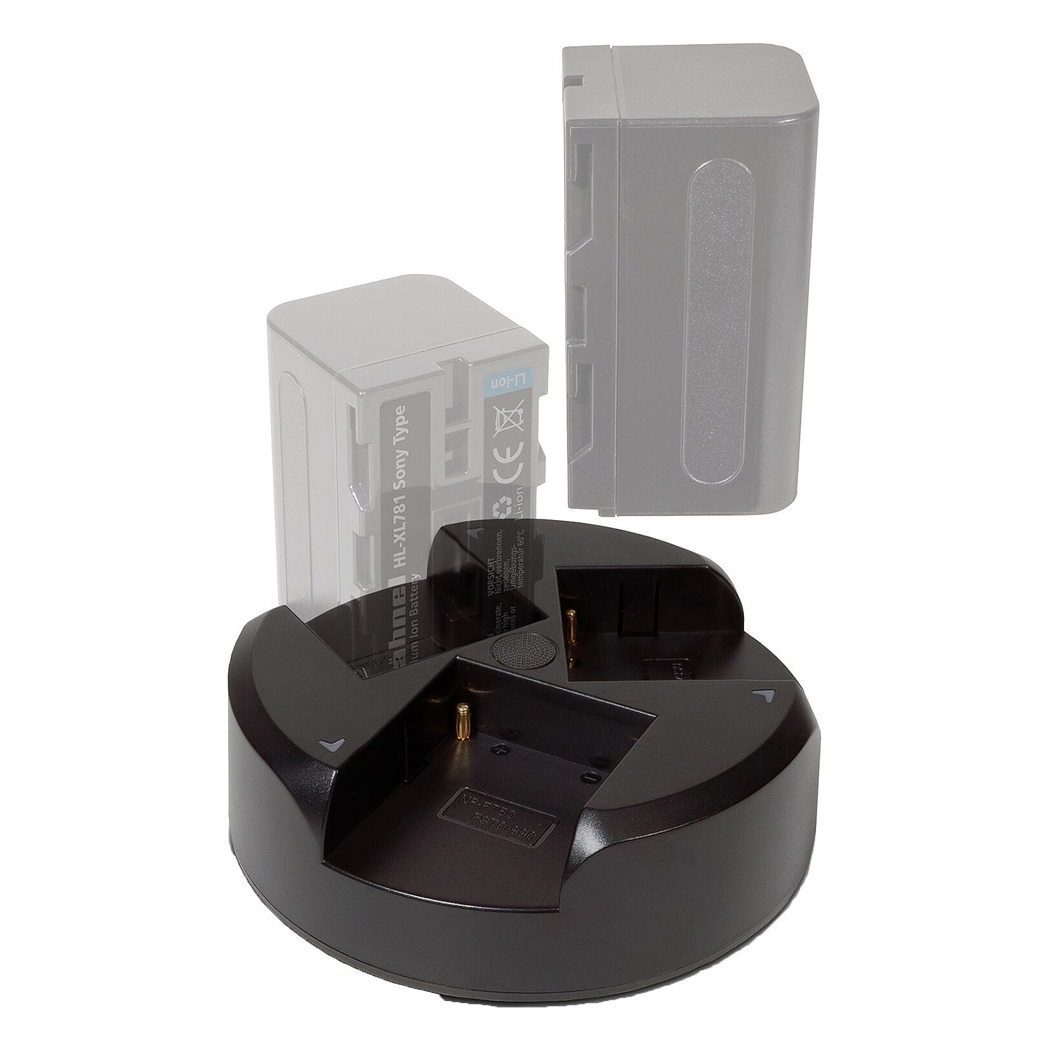 Hahnel Sony L Series Trio Charger Kit with 3-bay charger supporting simultaneous charging of up to three L-Series batteries, includes two 5200mAh HL-XL781 batteries, multicoloured LED charge indicators, and interchangeable UK/EU AC plugs