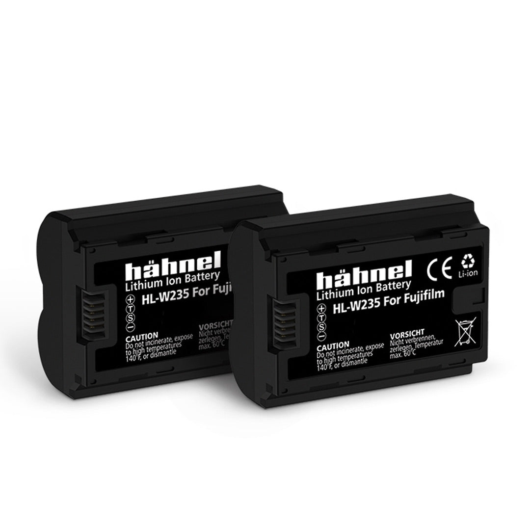 Two hahnel lithium ion batteries for Fujifilm on a white background
