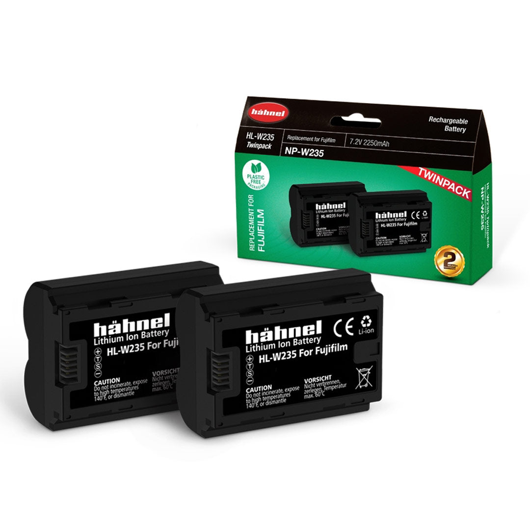 Two hahnel batteries and their packaging on a white background