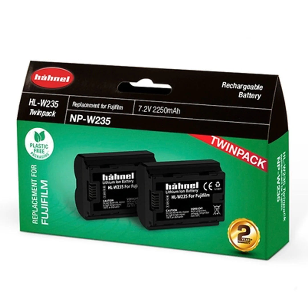 Hahnel NP-W235 rechargeable battery twin pack packaging on a white background