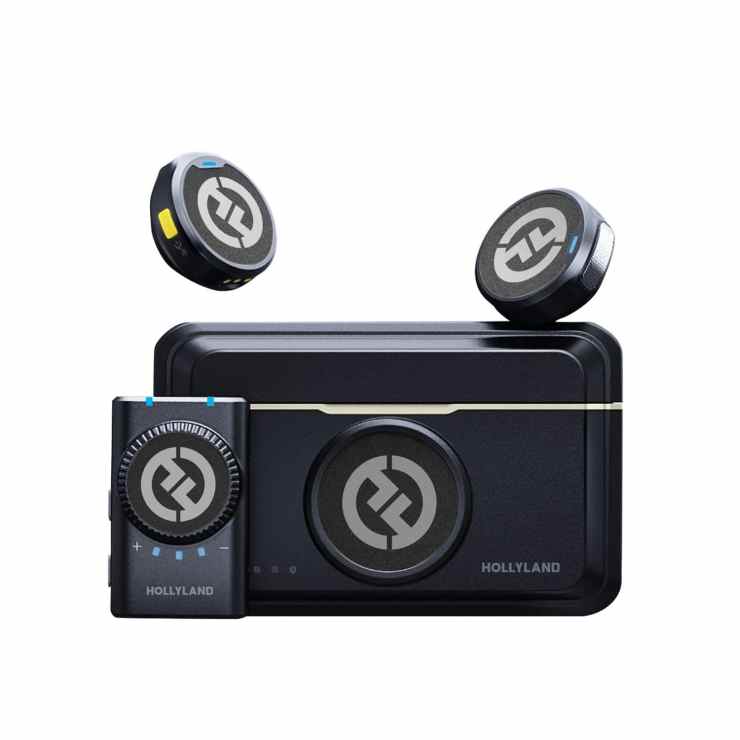 Hollyland Lark M2 Duo Wireless Mic for Camera with two ultra-lightweight clip-on transmitters, dual-channel camera-mount receiver, 24-bit 48kHz digital audio, 300m range, environmental noise cancellation, magnetic clips, silicone necklace cases, and charging case.