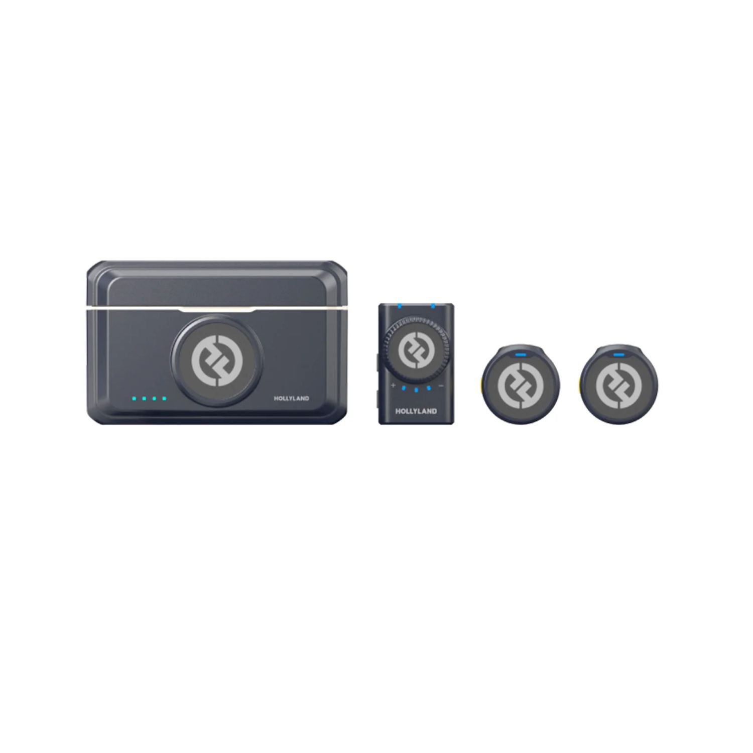 Hollyland Lark M2 Duo Wireless Mic for Camera with two ultra-lightweight clip-on transmitters, dual-channel camera-mount receiver, 24-bit 48kHz digital audio, 300m range, environmental noise cancellation, magnetic clips, silicone necklace cases, and charging case.