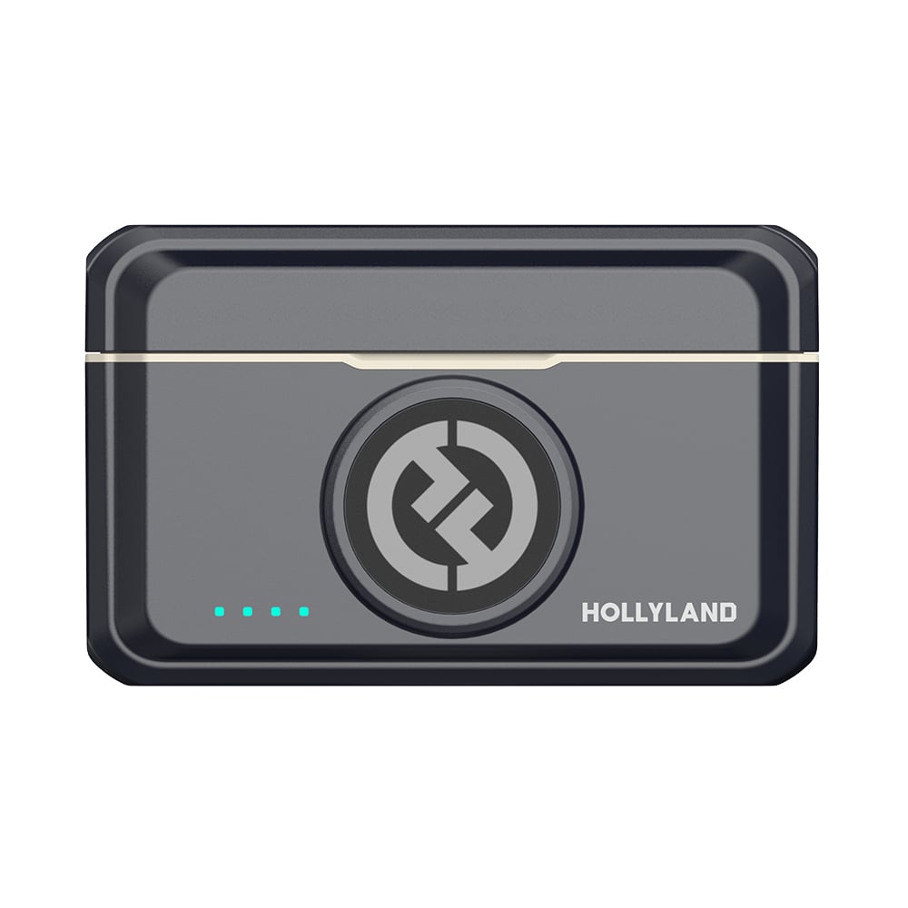 Hollyland Lark M2 Duo Wireless Mic for Camera with two ultra-lightweight clip-on transmitters, dual-channel camera-mount receiver, 24-bit 48kHz digital audio, 300m range, environmental noise cancellation, magnetic clips, silicone necklace cases, and charging case.