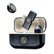 Hollyland Lark M2 Duo Wireless Mic for iPhone with two ultra-lightweight 9g clip-on transmitters, Lightning plug-in receiver, 48kHz 24-bit Hi-Fi audio, 1000ft range, environmental noise cancellation, 10-hour battery life, and magnetic clip and necklace wearing options.