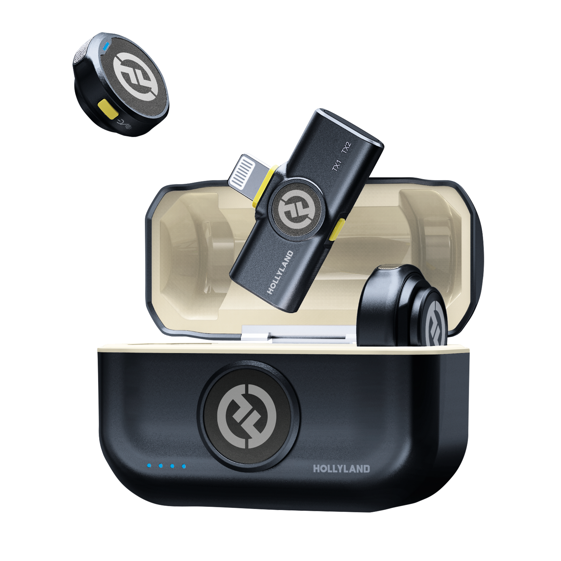 Hollyland Lark M2 Duo Wireless Mic for iPhone with two ultra-lightweight 9g clip-on transmitters, Lightning plug-in receiver, 48kHz 24-bit Hi-Fi audio, 1000ft range, environmental noise cancellation, 10-hour battery life, and magnetic clip and necklace wearing options.
