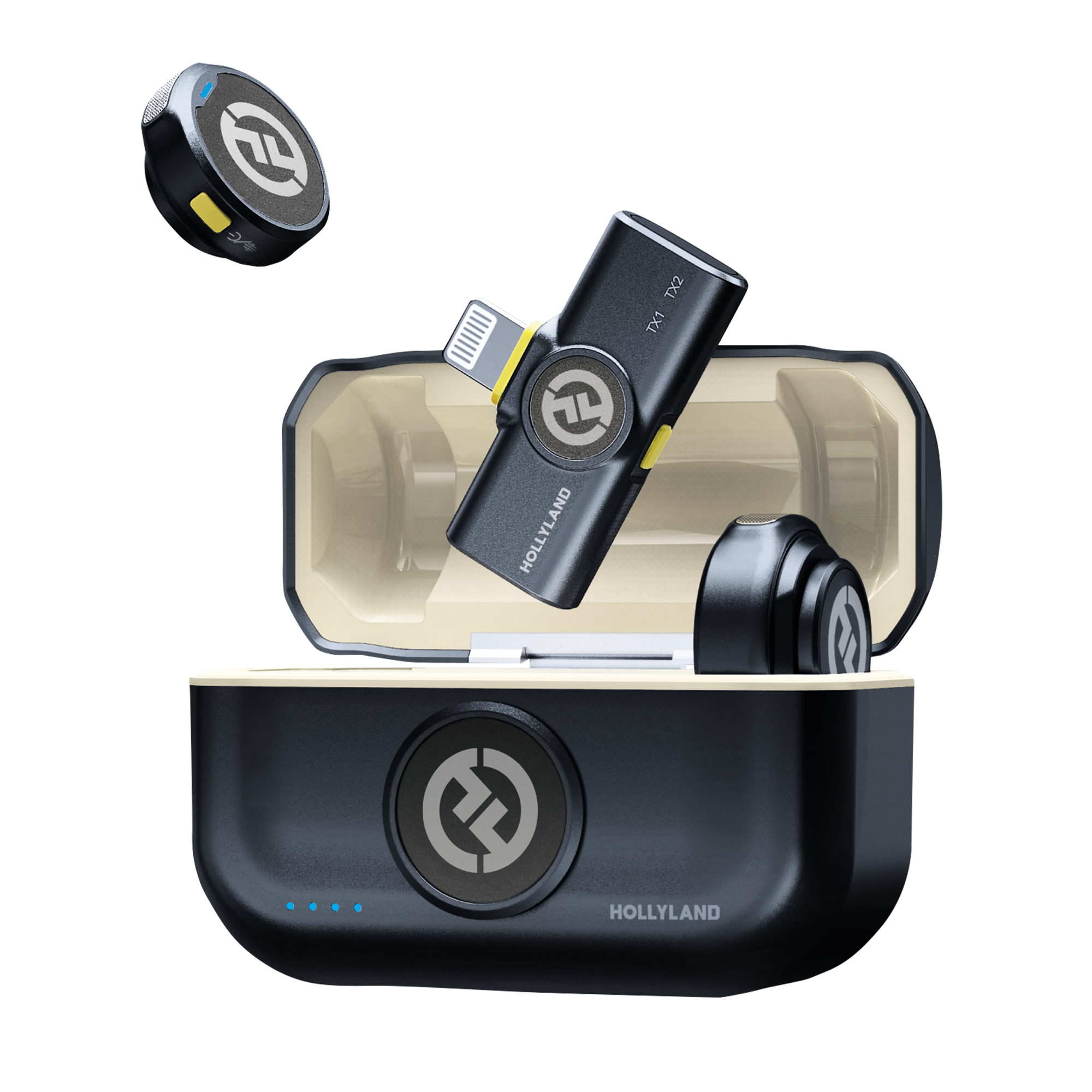 Hollyland Lark M2 Duo Wireless Mic for iPhone with two ultra-lightweight 9g clip-on transmitters, Lightning plug-in receiver, 48kHz 24-bit Hi-Fi audio, 1000ft range, environmental noise cancellation, 10-hour battery life, and magnetic clip and necklace wearing options.
