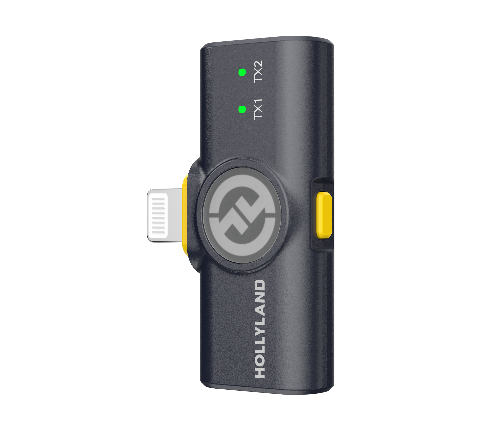 Hollyland Lark M2 Duo Wireless Mic for iPhone with two ultra-lightweight 9g clip-on transmitters, Lightning plug-in receiver, 48kHz 24-bit Hi-Fi audio, 1000ft range, environmental noise cancellation, 10-hour battery life, and magnetic clip and necklace wearing options.