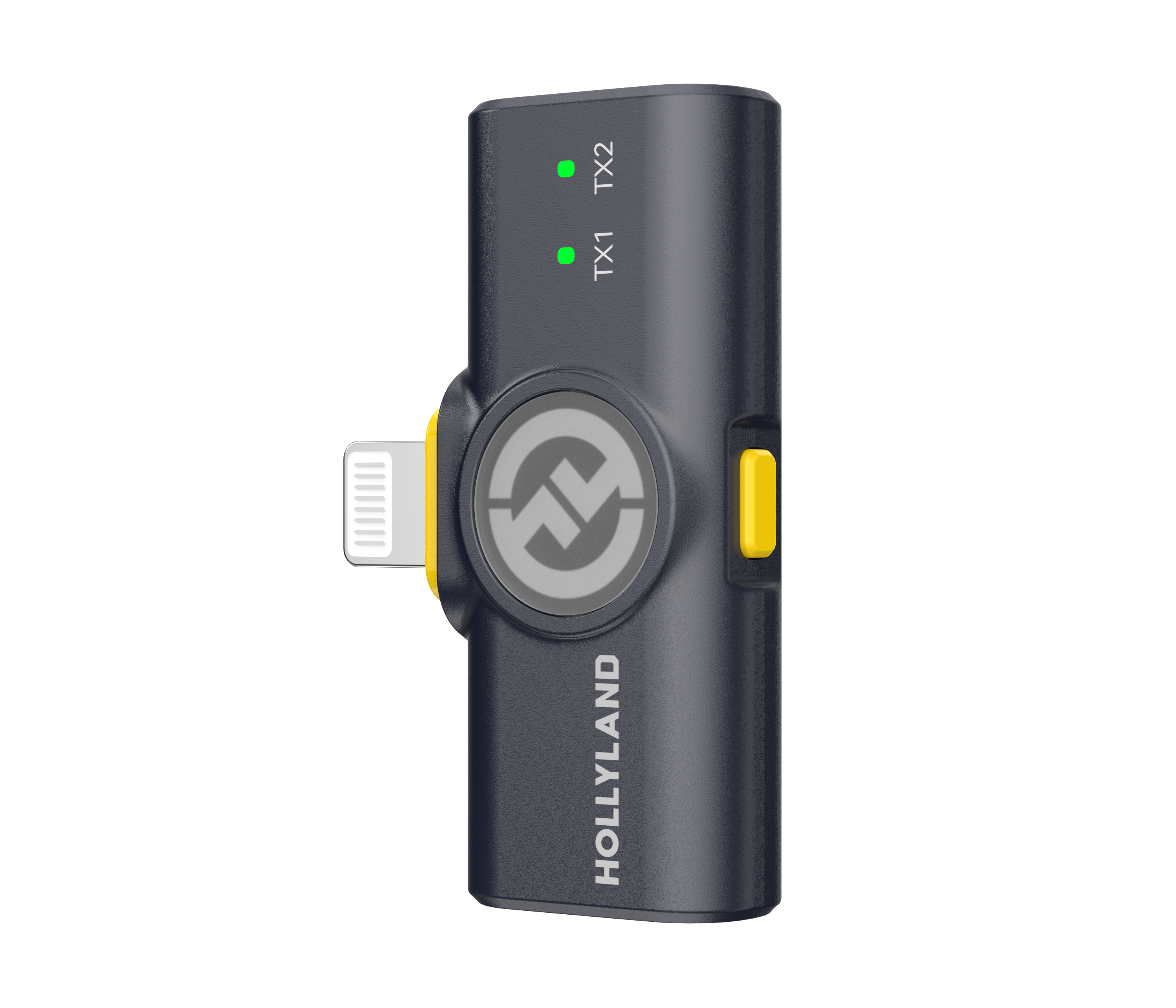 Hollyland Lark M2 Duo Wireless Mic for iPhone with two ultra-lightweight 9g clip-on transmitters, Lightning plug-in receiver, 48kHz 24-bit Hi-Fi audio, 1000ft range, environmental noise cancellation, 10-hour battery life, and magnetic clip and necklace wearing options.