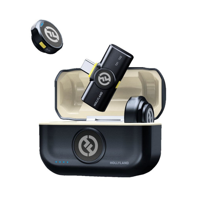 Hollyland Lark M2 Duo Wireless Mic USB-C with two omnidirectional transmitters, USB-C plug-in receiver, 2.4 GHz transmission, 1000ft range, 24-bit 48kHz audio, noise cancellation, LED indicators, app control, and included charging case.