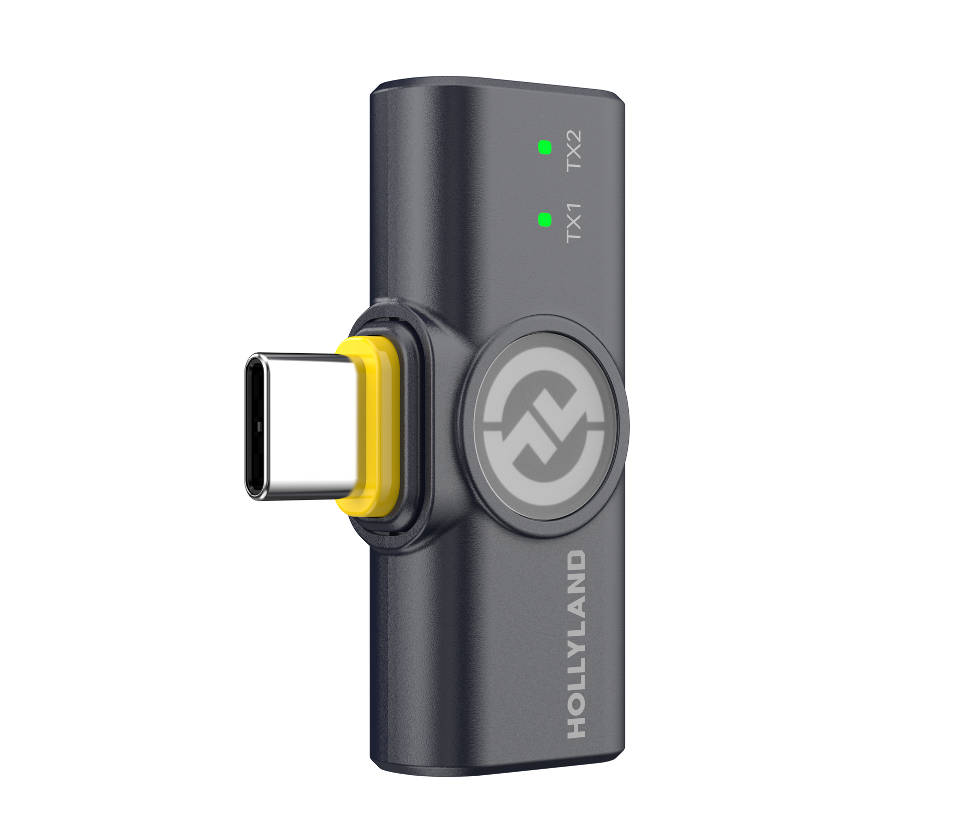 Hollyland Lark M2 Duo Wireless Mic USB-C with two omnidirectional transmitters, USB-C plug-in receiver, 2.4 GHz transmission, 1000ft range, 24-bit 48kHz audio, noise cancellation, LED indicators, app control, and included charging case.