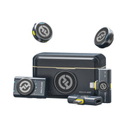 Hollyland Lark M2 Wireless Mic Combo with two 24-bit clip-on transmitters, camera-mount receiver, 300m wireless range, omnidirectional microphones, 9-hour battery life, USB-C charging case, and mobile app control for clear, interference-free audio recording.