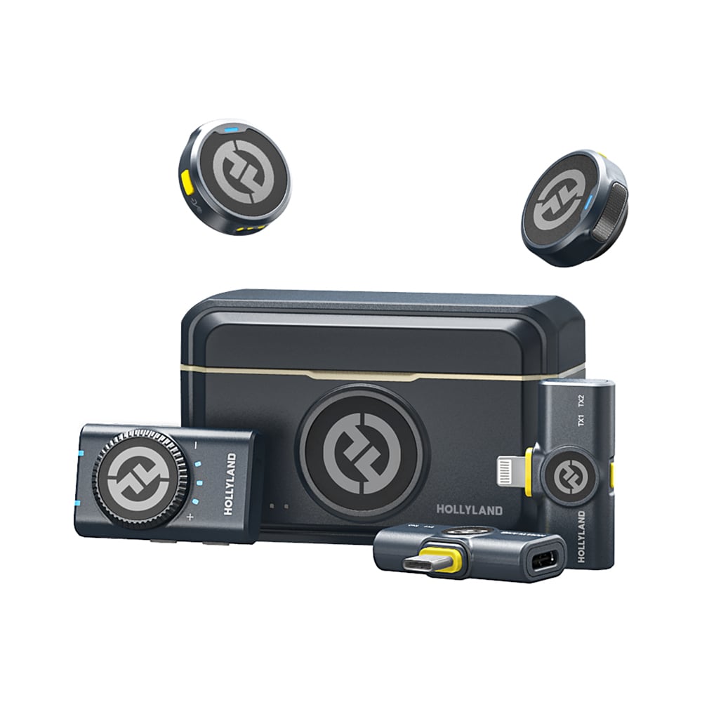 Hollyland Lark M2 Wireless Mic Combo with two 24-bit clip-on transmitters, camera-mount receiver, 300m wireless range, omnidirectional microphones, 9-hour battery life, USB-C charging case, and mobile app control for clear, interference-free audio recording.