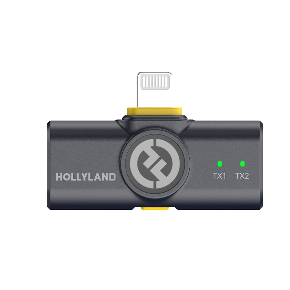 Hollyland Lark M2 Wireless Mic Combo with two 24-bit clip-on transmitters, camera-mount receiver, 300m wireless range, omnidirectional microphones, 9-hour battery life, USB-C charging case, and mobile app control for clear, interference-free audio recording.