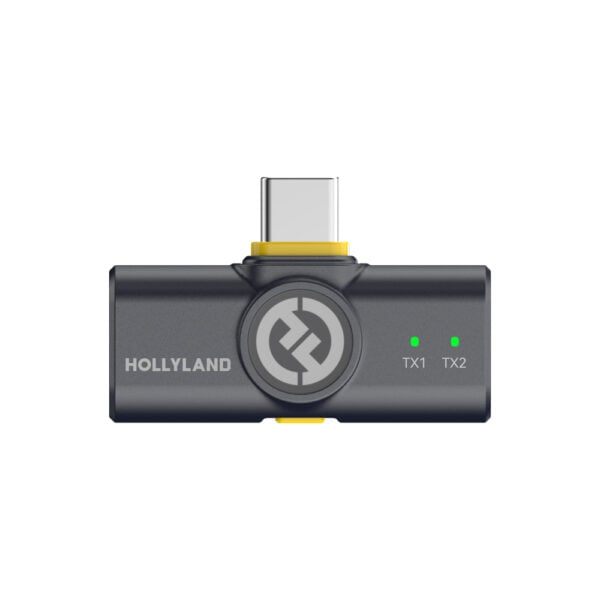 Hollyland Lark M2 Wireless Mic Combo with two 24-bit clip-on transmitters, camera-mount receiver, 300m wireless range, omnidirectional microphones, 9-hour battery life, USB-C charging case, and mobile app control for clear, interference-free audio recording.