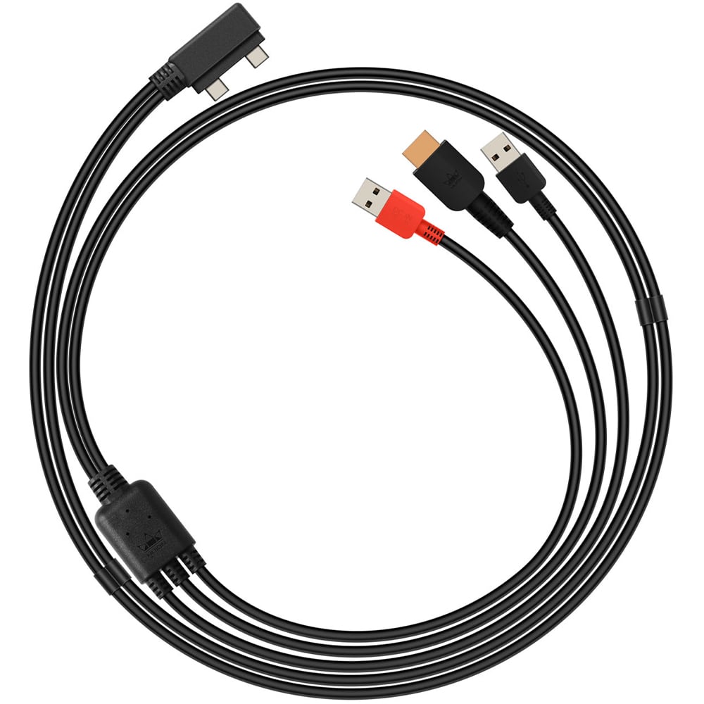 Black cable with various connectors on a white background