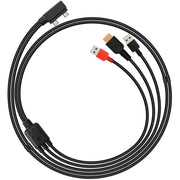 Black cable with various connectors on a white background