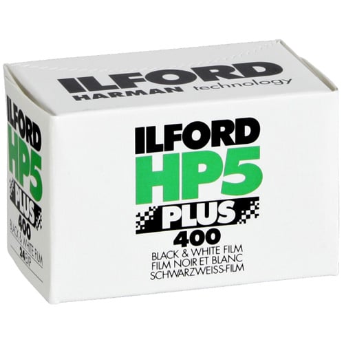 Ilford HP5 Plus 400 black and white film packaging on a white background