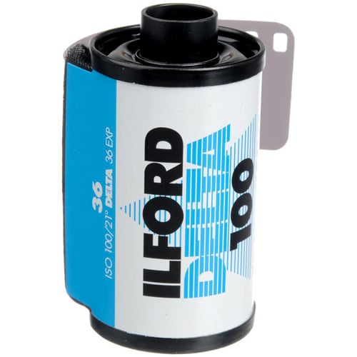 Ilford Delta 100 Professional 35mm Black and White Film roll with 36 exposures for fine-grain, high-quality monochrome photography.