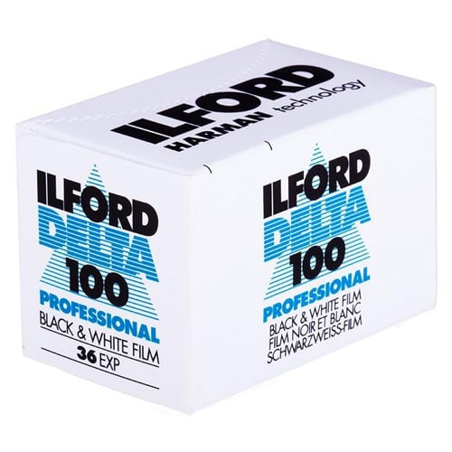 Ilford Delta 100 Professional 35mm Black and White Film roll with 36 exposures for fine-grain, high-quality monochrome photography.