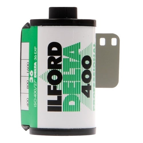 Ilford Delta 400 film canister on a white background