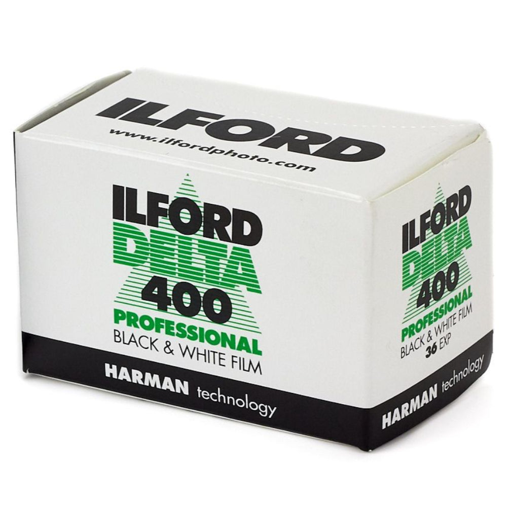 Ilford Delta 400 black and white film packaging on a white background
