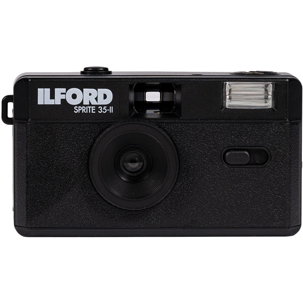 Ilford Sprite 35-II Film Camera in Black with retro design, fixed-focus 31mm lens, built-in flash, and 35mm film compatibility.